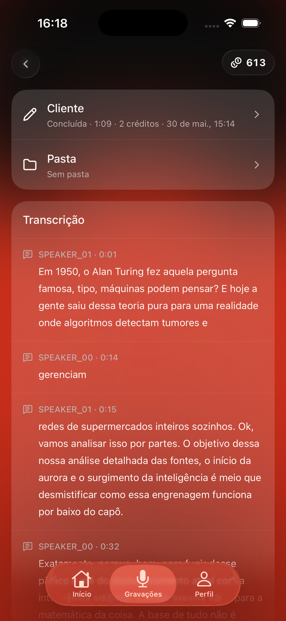 Tela de transcrição do Plauder